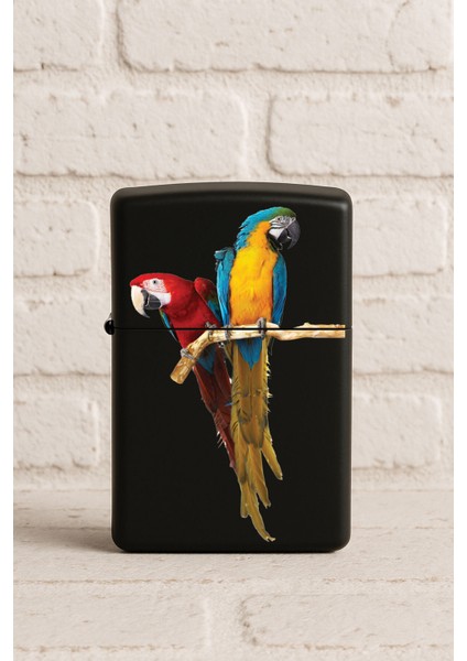 Uv Baskılı Desenli Metal Benzinli Siyah Çakmak Cep Çakmağı - Papağan
