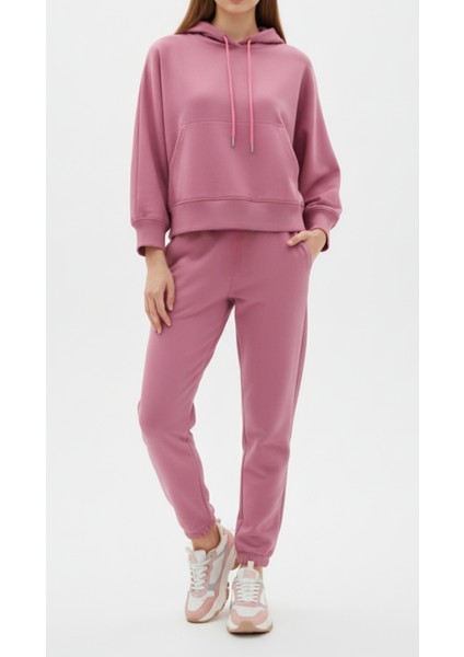Kadın Üç Iplik Şardonlu Fermuarlı Cepli Lastikli Paça Kapüşonlu Kanguru Cep Eşofman Takımı