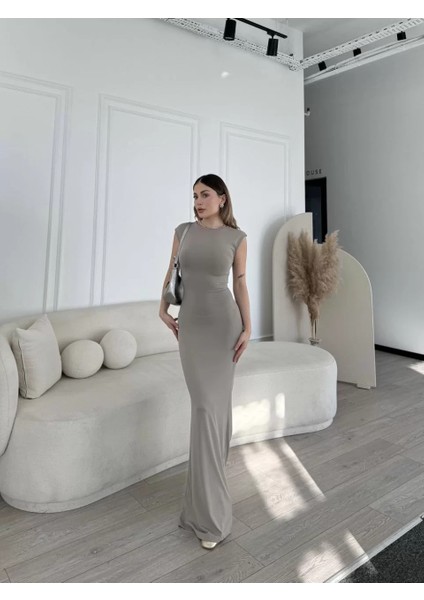 Kolsuz Uzun Likralı Elbise - Gri modelleri