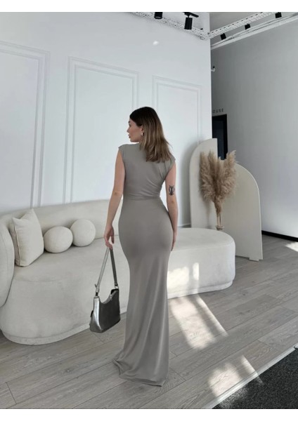 Kolsuz Uzun Likralı Elbise - Gri fırsatları