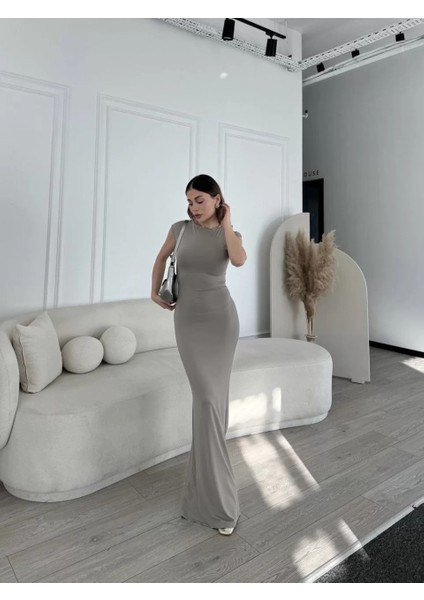 Kolsuz Uzun Likralı Elbise - Gri indirimleri