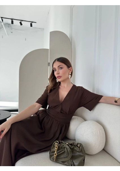 Kısa Kollu Uzun Elbise - Kahve