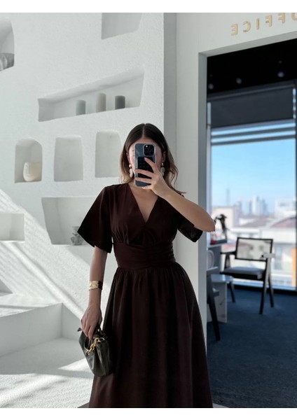 Kısa Kollu Uzun Elbise - Kahve fiyatları