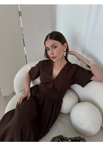 Kısa Kollu Uzun Elbise - Kahve modelleri