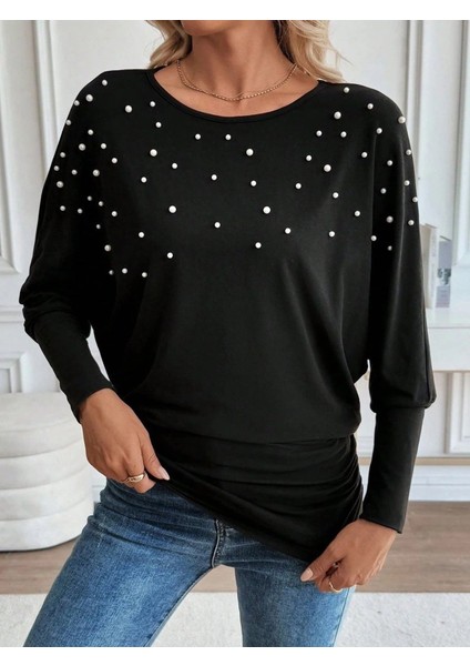 Kadın Uzun Kollu Yuvarlak Yaka Incili Viskon Bluz fiyatları