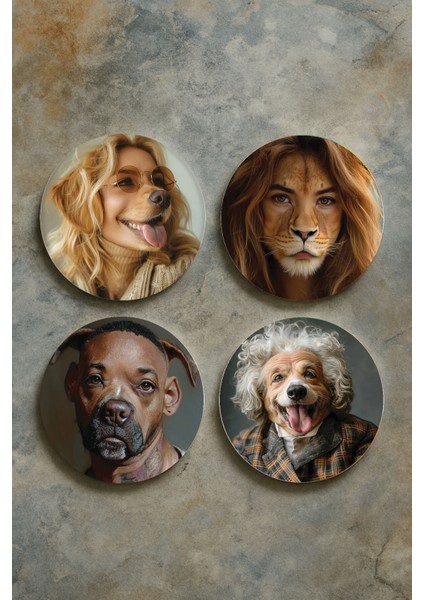 Ev Dekor Oval Pleksi Bardak Altlığı Temalı Desenli 4'lü Set Insan Hayvan