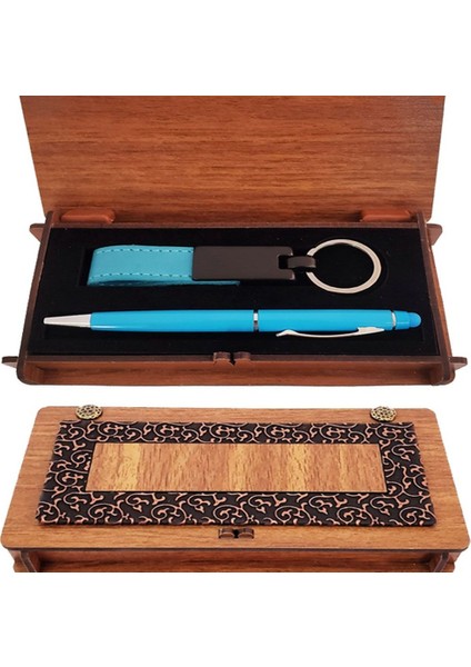 Ahşap Kutulu Kalem ve Anahtarlık Mavi Set modelleri