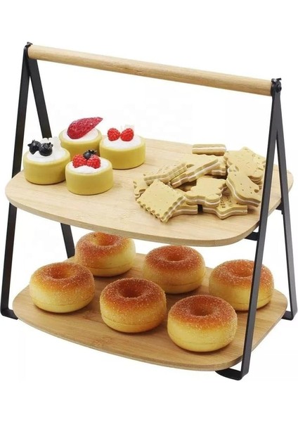 2 Katlı Dikdörtgen Bambu Servis Sunum Seti Büyük Boy, Kuru Pasta, Kurabiye ve Kek Sunumları Için Büyük Boy (34CM-26.5CM-16CM)