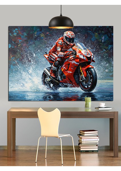 Motosiklet Süren Kasklı Yarışçı Dekoratif Kanvas - Mdf Ahşap Tablo