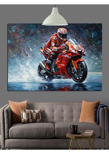 Motosiklet Süren Kasklı Yarışçı Dekoratif Kanvas - Mdf Ahşap Tablo indirimleri