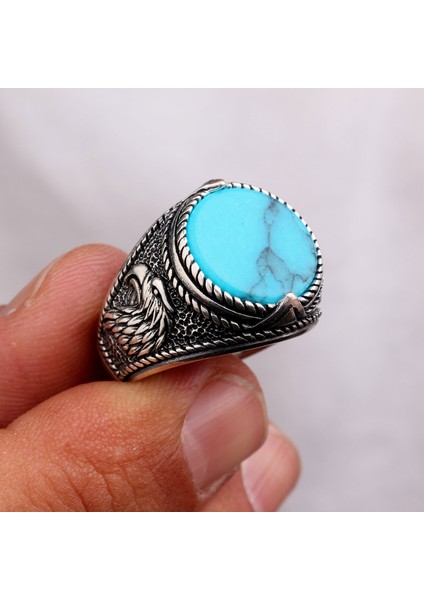 925 Ayar Gümüş Turkuaz Taşlı Kartal Motifli Erkek Yüzük fiyatları