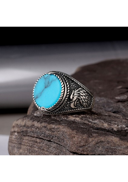 925 Ayar Gümüş Turkuaz Taşlı Kartal Motifli Erkek Yüzük modelleri