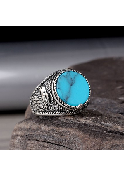 925 Ayar Gümüş Turkuaz Taşlı Kartal Motifli Erkek Yüzük fırsatları