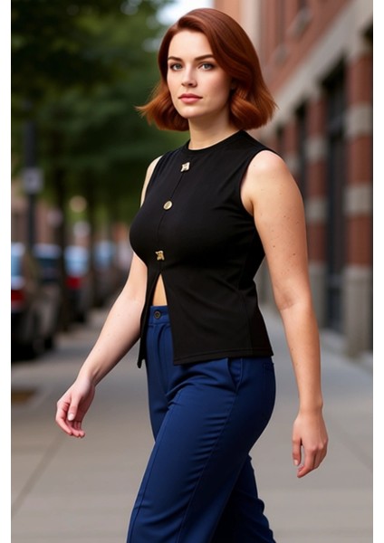 Kadın Düğmeli Bisiklet Yaka Kolsuz Örme Üst Günlük Şıklık ve Rahatlık Kaliteli Şık Rahat Modern modelleri