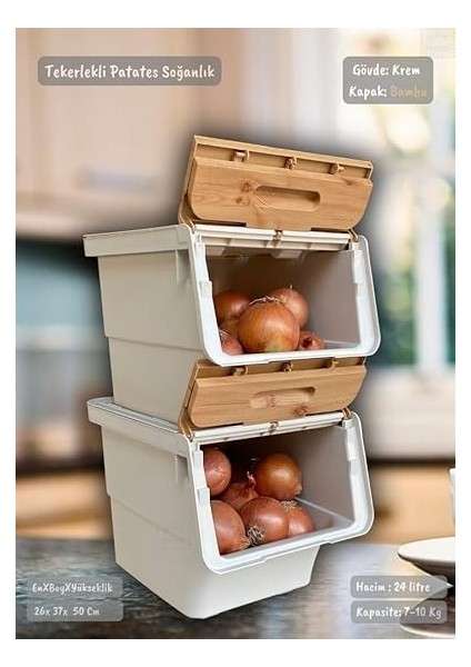 Tekerlekli Patates Soğan Sebze Saklama Sepeti, 24 Litre, Bambu Renk fiyatları