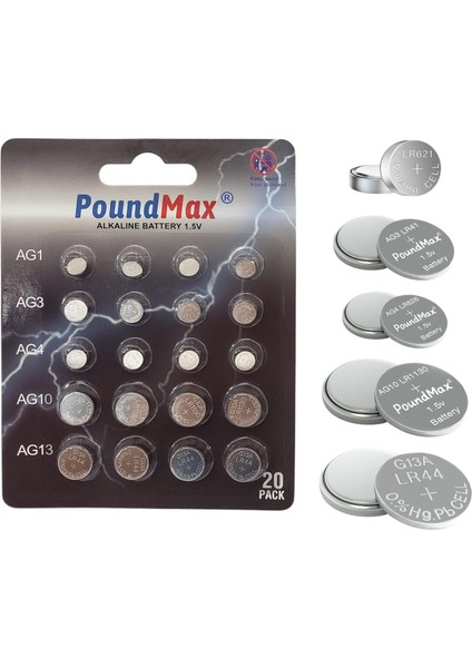 20 Adet AG1,AG3,AG4,AG10,AG13 Alkalin Karışık Pil