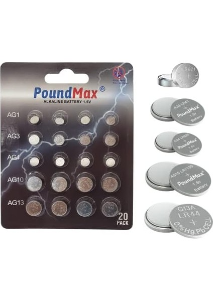 20 Adet AG1,AG3,AG4,AG10,AG13 Alkalin Karışık Pil modelleri