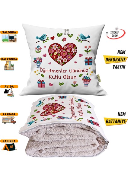 Öğretmenler Günü Hediyesi Nakış Baskılı Tv Battaniyesi Olabilen Dekoratif Yastık Kırlent Battaniye