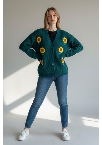 Şardonlu Pamuklu Çiçek Motifli Hırka