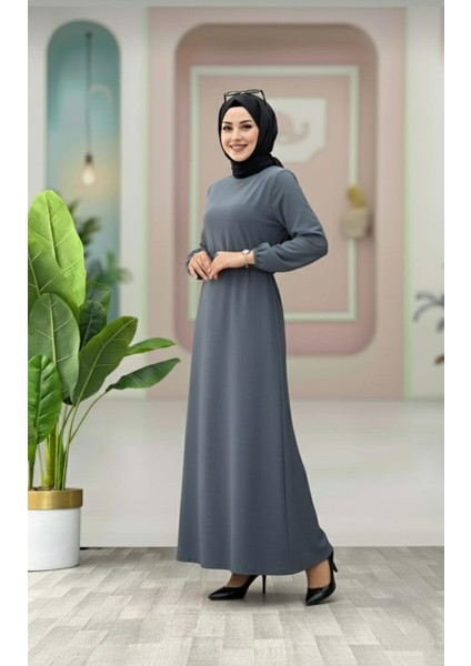 Kemer Detaylı Lastik Kollu Uzun Tesettür Elbise