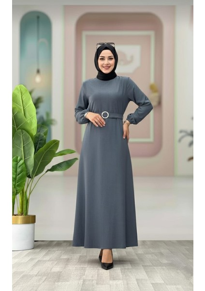 Kemer Detaylı Lastik Kollu Uzun Tesettür Elbise indirimleri