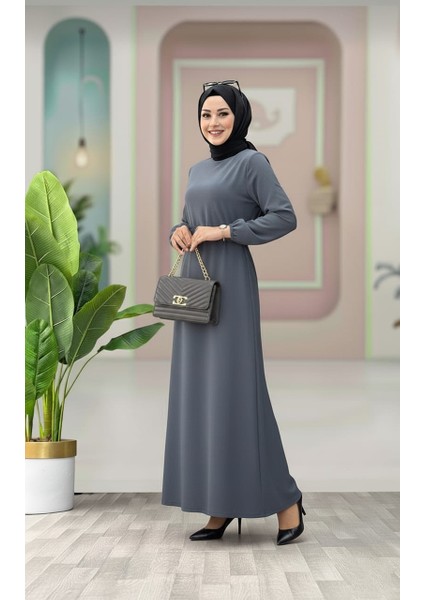 Kemer Detaylı Lastik Kollu Uzun Tesettür Elbise