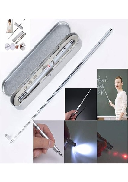 Kutulu Kırmızı Lazerli, LED Işıklı Mıknatıslı Pointer Kalemi Işaretçi Uzayabilen Sunum Çubuğu Teleskopik Metal Tükenmez Kalem (PRS-1521G) fiyatları