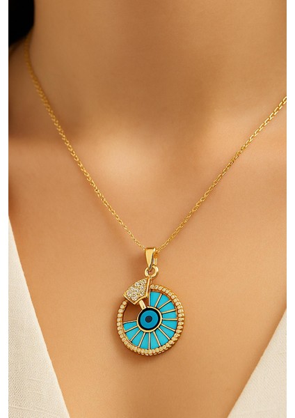 Mavi Zeminli Nazar Göz Madalyon Çelik Kolye