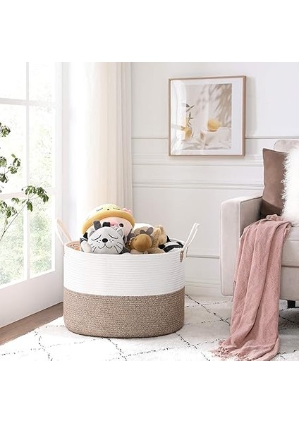 Pamuk Halat Sepeti, Tutma Saplı Pamuk Çamaşır Sepeti 100L, Oyuncak Elbise Battaniye Için, Kahverengi-Bej 55X55X35 cm modelleri