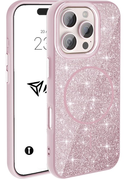 Kılıf M-Safe Şarj Özellikli Parlayan Simli Sararmaz Kılıf (Pembe, 16 Pro Max)