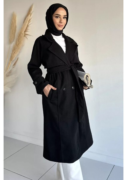 Çift Cepli Bel Kuşak Detaylı Tesettür Kaşe Kaban P-00018940