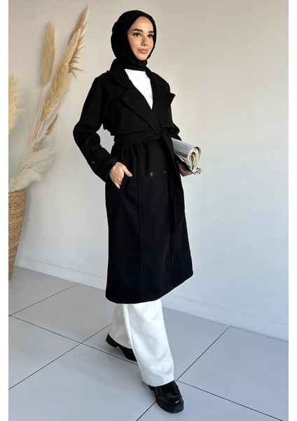Çift Cepli Bel Kuşak Detaylı Tesettür Kaşe Kaban P-00018940 fiyatları