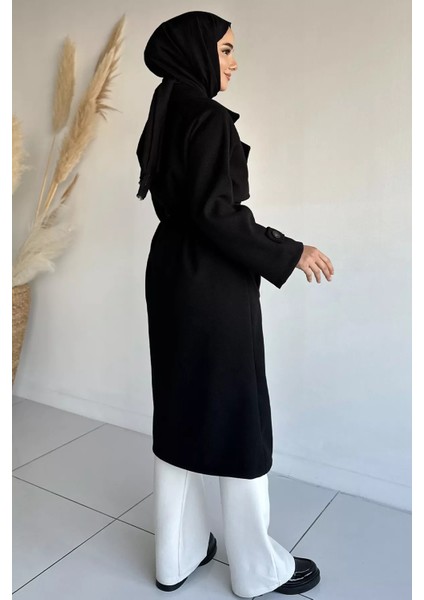 Çift Cepli Bel Kuşak Detaylı Tesettür Kaşe Kaban P-00018940 modelleri
