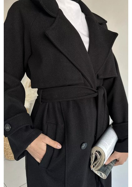 Çift Cepli Bel Kuşak Detaylı Tesettür Kaşe Kaban P-00018940 fırsatları