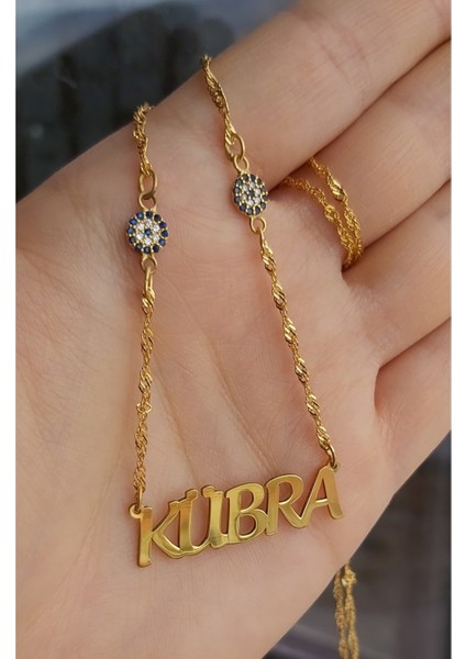 925 Ayar Gümüş 24 Ayar Altın Kaplama 2 Nazar Boncuklu Isimli Kolye