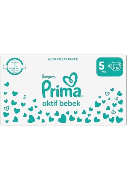 Prima Bebek Bezi Aktif Bebek 5 Beden 116 Adet Junior Aylık Fırsat Paketi fiyatları