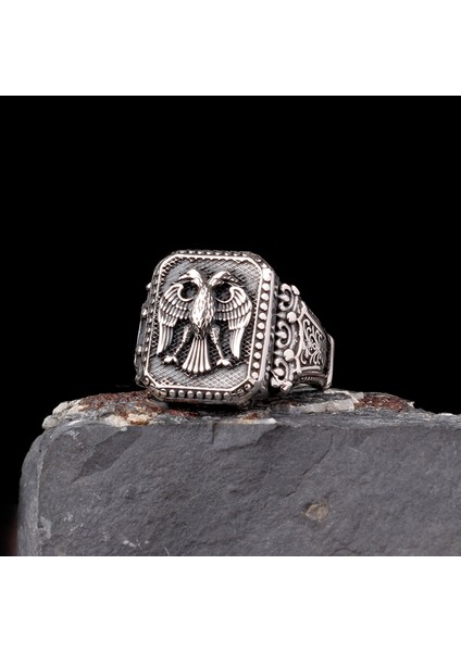 925 Ayar Gümüş Çift Başlı Kartal Motifli Erkek Yüzük