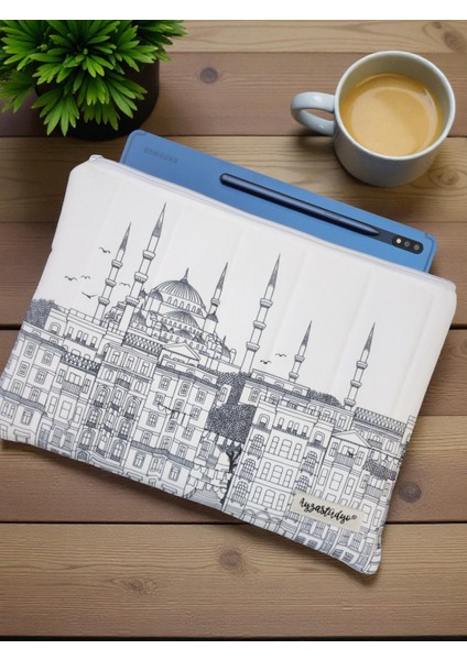 Istanbul Silüeti Çizgisel Desenli iPad Tablet Çantası, 10-12 Inç Uyumlu