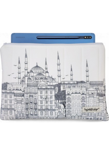 Istanbul Silüeti Çizgisel Desenli iPad Tablet Çantası, 10-12 Inç Uyumlu modelleri