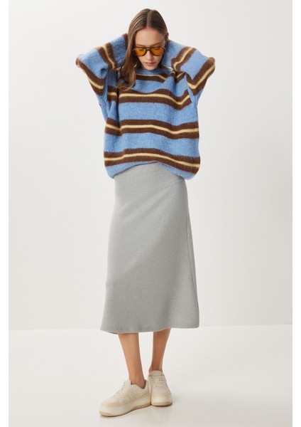 Yüksek Bel Kloş Yumoş Etek LUB0320 Gri Melanj