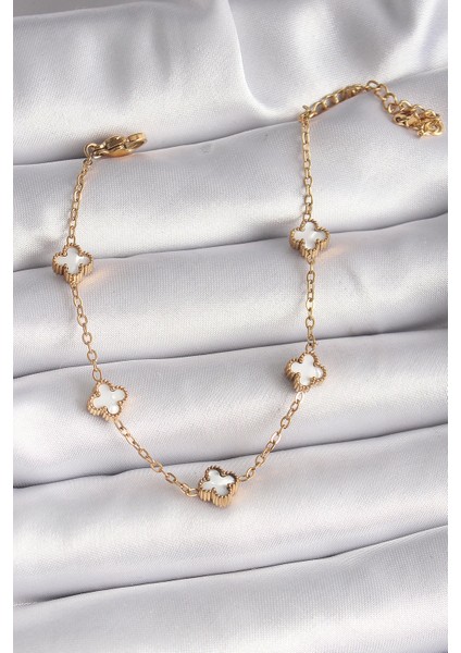 Bfs 316L Çelik Gold Renk Beyaz Baby Boy Yonca Model Kadın Bileklik