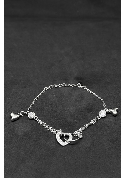 Kalp ve Tektaş Yüzük Figürlü Kadın Gümüş Zincir Bileklik