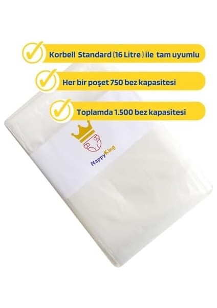 Korbell 16LITRE Çöp Kutusu ile Uyumlu Toplam 1500 Bez Kapasitesi 2 Adet Poşet