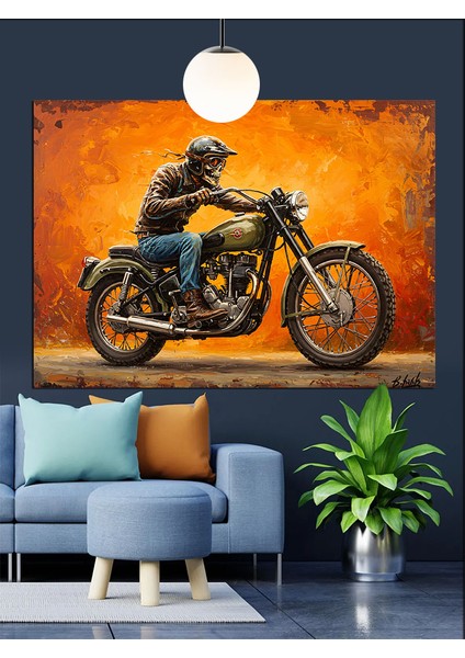 Motosiklet Süren Deri Ceketli Iskelet Dekoratif Kanvas - Mdf Ahşap Tablo fırsatları