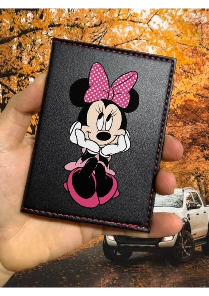 Minnie Desenli Ruhsat Kabı Logolu Oto Ruhsat Kılıfı Vinleks Deri Dikişli Araç Ruhsat Koruyucu