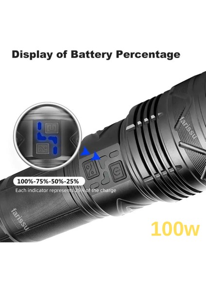 Gold Orion OR-G500 100W Süper Parlak LED El Feneri – 1000 Metre Menzilli, 4*181350 Lityum Pil, Zoom Özellikli, Şarj Edilebilir, Su Geçirmez Metal Gövde