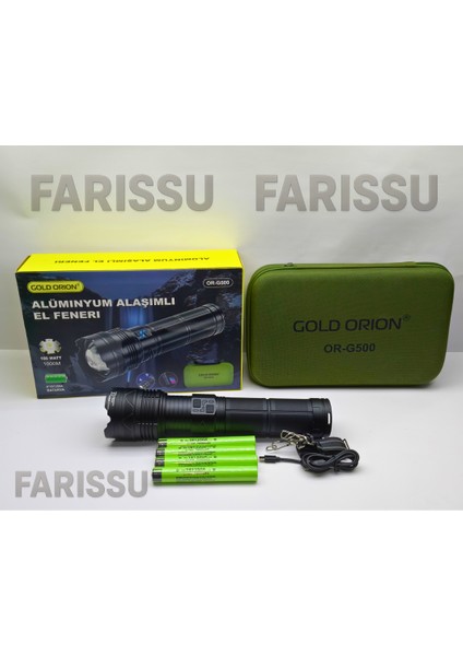 Gold Orion OR-G500 100W Süper Parlak LED El Feneri – 1000 Metre Menzilli, 4*181350 Lityum Pil, Zoom Özellikli, Şarj Edilebilir, Su Geçirmez Metal Gövde