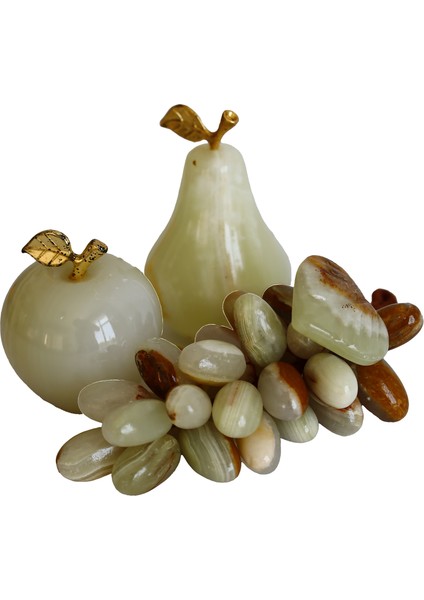 Oniks Doğal Taş Meyve Seti – 2” Elma, 2,3” Armut, 30’lu Üzüm – Beyaz & Kahve Renk – El Yapımı Dekoratif Hediyelik