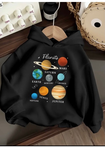 Punıx Kıds Özel Üretim Planets Baskılı Kapüşonlu %100 Pamuk Cepsiz Oversize Kız Çocuk Seatshırt