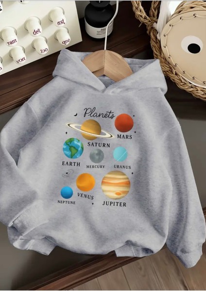 Punıx Kıds Özel Üretim Planets Baskılı Kapüşonlu %100 Pamuk Cepsiz Oversize Kız Çocuk Seatshırt